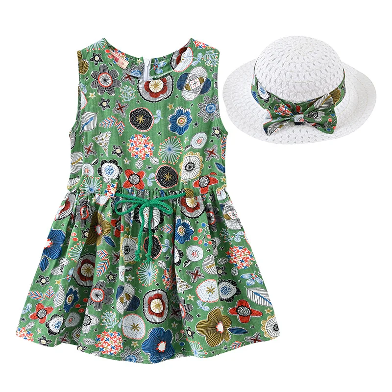 

2022 Summer Kids Girl Flower Dress with Hat Kids Infant Toddler Girl Floral Sleeveless Clothes Princess Party Garden Dresses