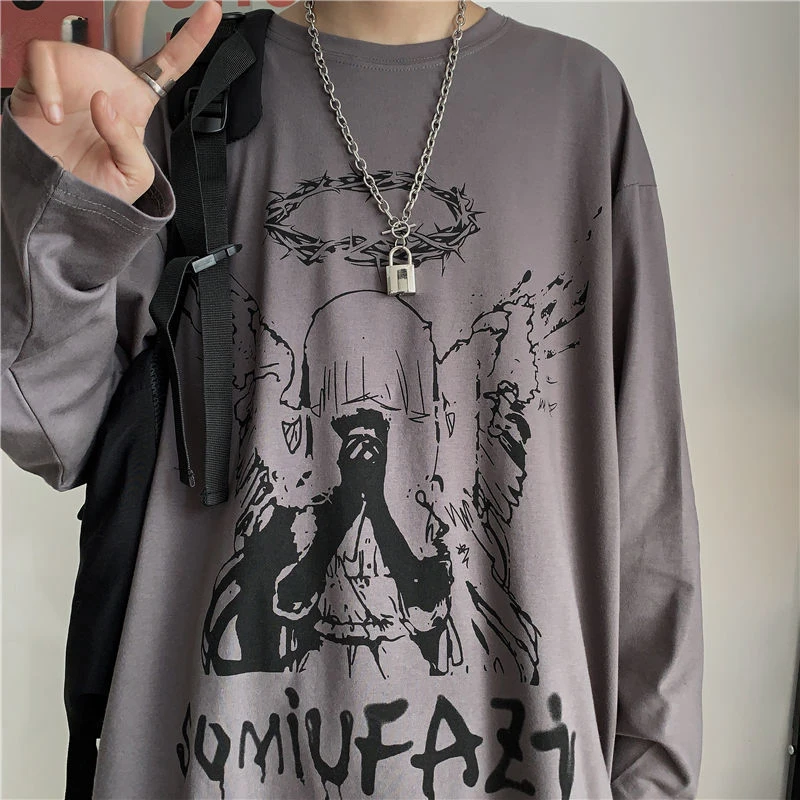 

Men Long Sleeve T-shirts Autumn Print Gothic Vintage Ulzzang Cozy High Street Streetwear 5XL Baggy Korean Trendy Harajuku BF New