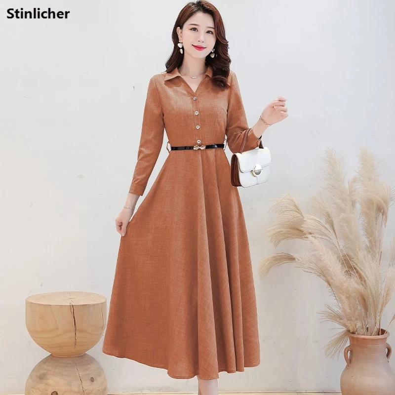 

Spring Autumn Women Maxi Dress Elegant Long Sleeve Cotton Linen Shirt Dress Korea Fashion Office Ladies A Line Work Long Dresses