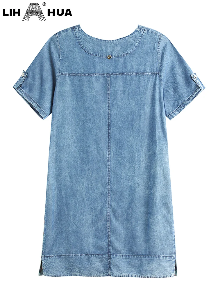 LIH HUA Women's Plus Size Denim Dress Summer Chic Elegant Dresses For Chubby Women Round Neck Woven Cotton  Dress