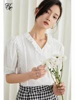 fsle office lady 100 cotton french design niche blouse summer 2021 new lace v neck shirt short sleeve white chiffon shirt
