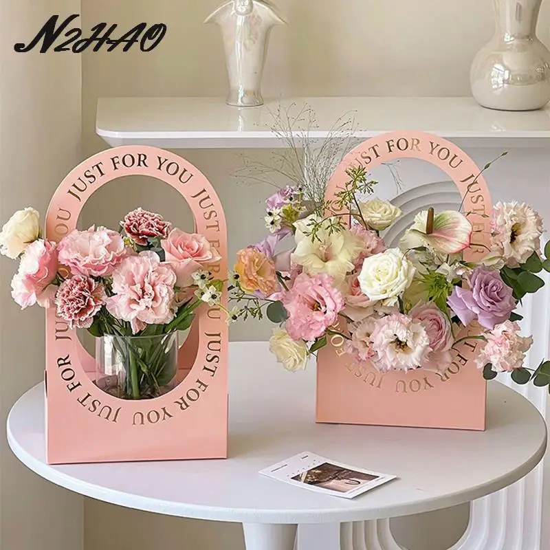 

4Pcs Portable Flower Waterproof Packaging Box Flowers Arrangement Kraft Paper Bag Folding Flower Basket Gift Bag Tote Bags