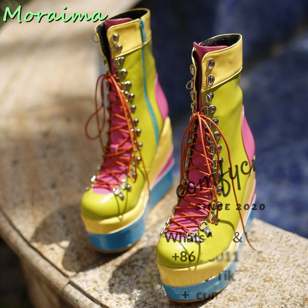 Platform Wedges Women Ankle Boots Round Toe Lace Up Mixed Colors Fashion Side Zipper Designer 2023 New Arrivals European Style