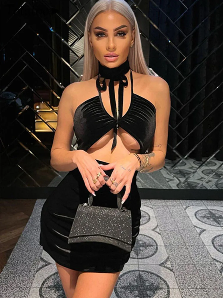 

Женское облегающее платье без рукавов Totatoop, элегантное бархатное черное платье с воротником-чокером, открытой спиной и лямкой на шее, одежд...