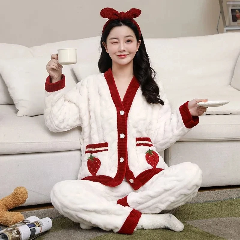 

New Autumn Winter Warm Flannel Women Pyjamas Sets Thick Coral Velvet Long Sleeve Sleepwear Flannel Pajamas Set Homewear