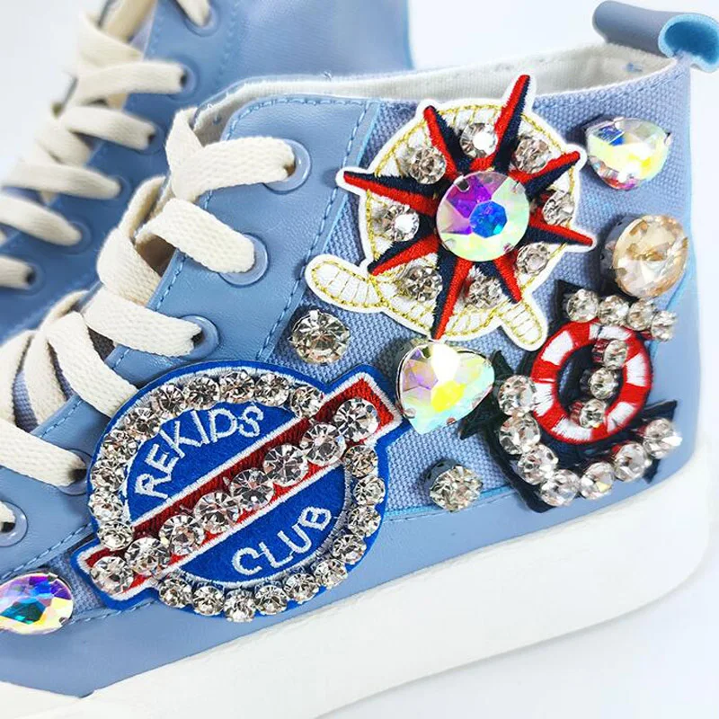 New Spring Autumn Blue High-top Student High Quality Rhinestone Women Lace Up Casual Canvas Rubber Female Flat Shoes BB20-22