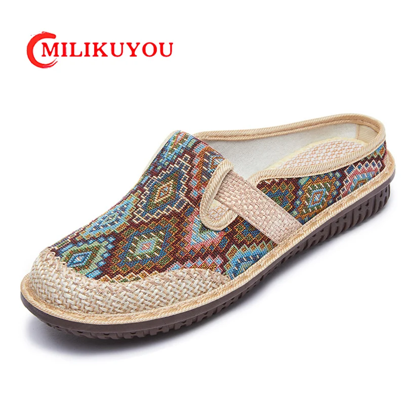 

Slipper Women Summer Flat Shoe Ethnic Embroidery Linen Lazy Cloth Clogs Lady Soft Sole Walking Sandals Slip-on Muller Zapatillas