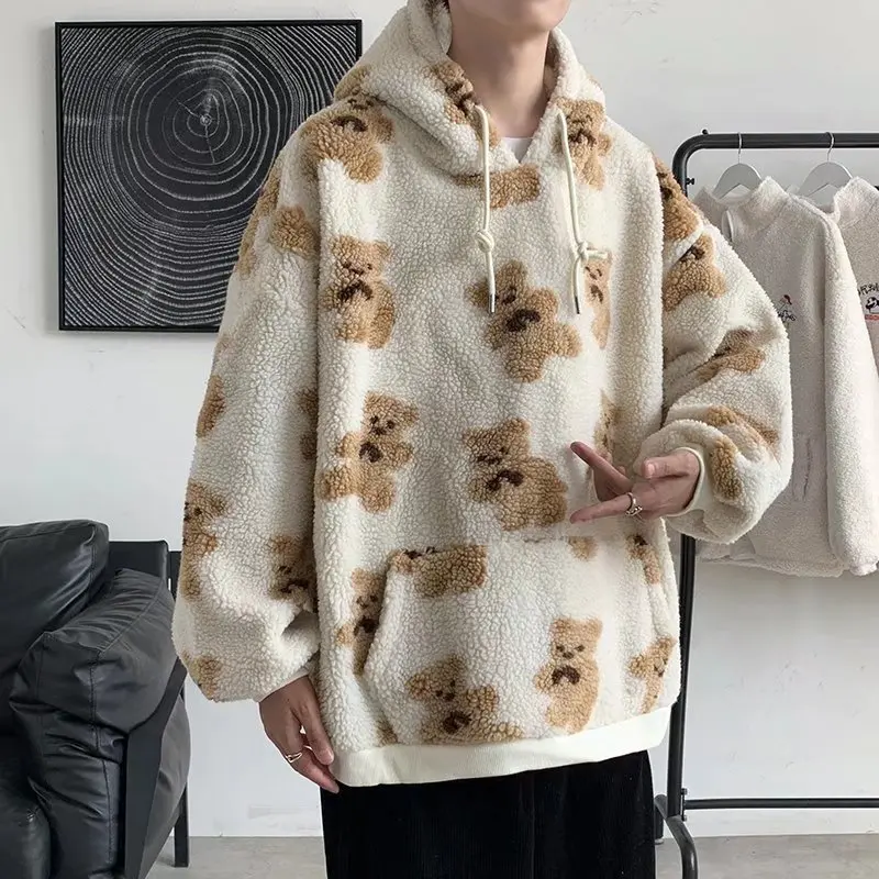 

CnHnOH Hooded Sweater Men's Trendy Ins Korean Cartoon Printed Lamb Velvet Jacket Thickened Loose Trend Student Clothes