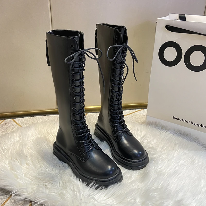 

Lace-up Ankle Boots Mujer Zip Chelsea Thick-soled Pu Leather Knee-high Boots Women's Punk Heightened Long Women Zapatos De Mujer