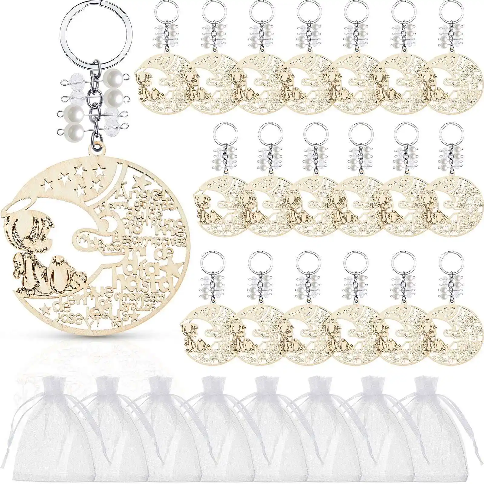 

Baptism Wood Keychains Angle Moon Design Baptism Favors with Organza Bags for Boy Girl Baby Shower Baptism Supplies