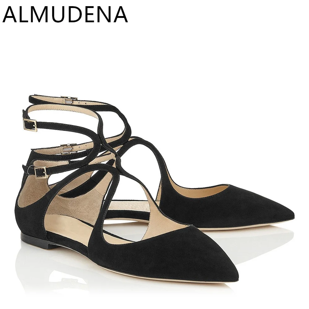 Summer Women Flats Shoes Pointed Toe Ankle Strap Leisure Shoes Cross Band Double Buckle Strap Casual Flat Heel Shoes Modern Shoe