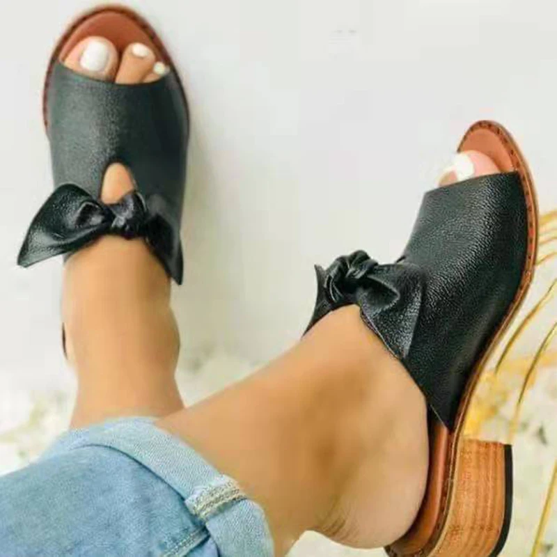 

Women Fashion Bow Slippers Female Square Heels Shoes Simplicity Peep Toe Elegant Slides Ladies Leisure Summer Footwear