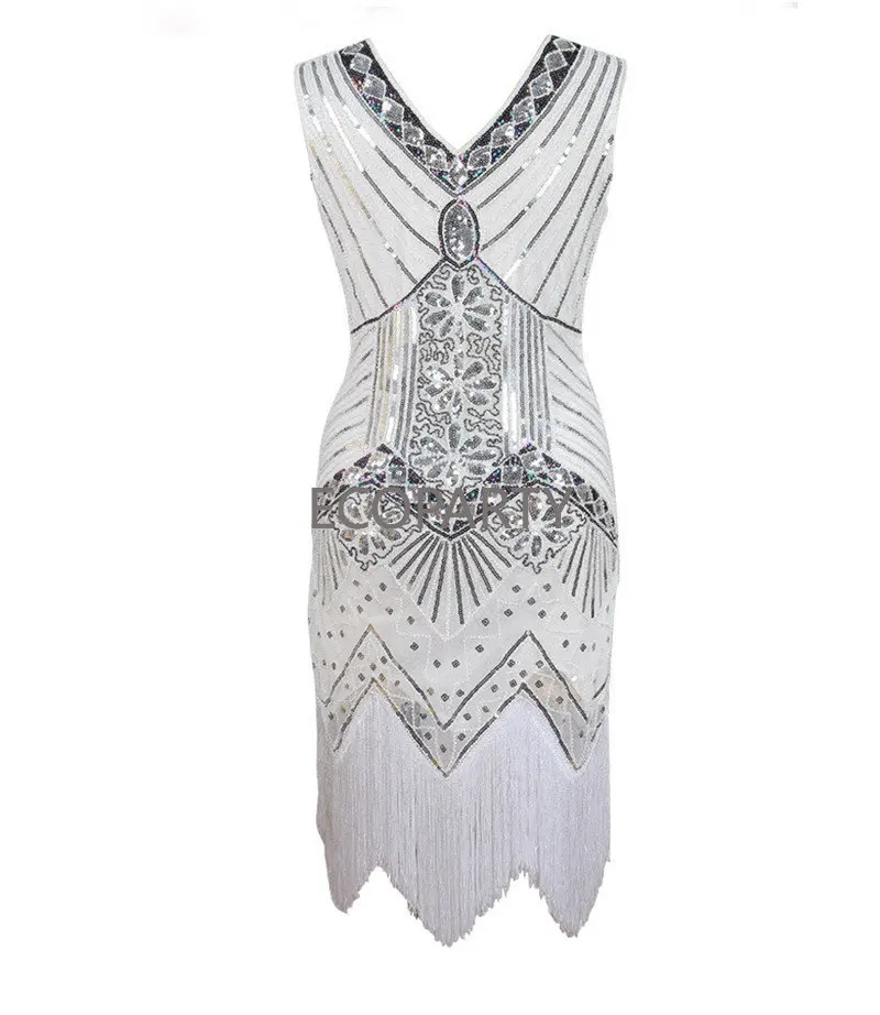 

Minthson Plus Size 1920s Vintage Flapper Great Gatsby Party Dress V-Neck Sleeve Sequin Fringe Midi Dresses Summer Art Deco