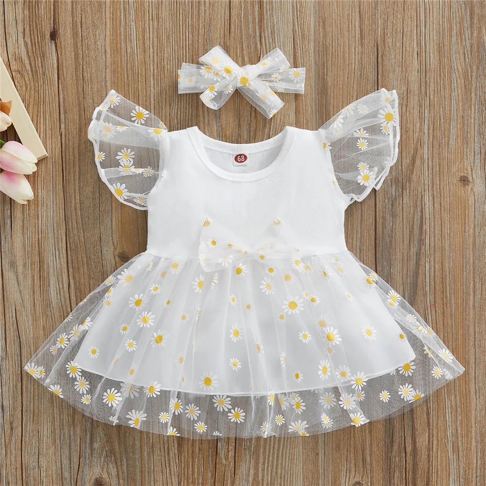 

Baby Girls Summer Princess Dress Toddler Cute Short Sleeve High Wasit Patchwork Sunflower Print Mesh A-Line Dress And Headband