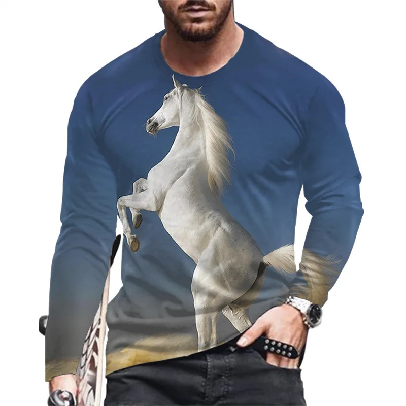 

2023 New Spring And Autumn Men's Long Sleeve Horse Digital Printing Long Sleeve T-shirt Street Fashion Long Sleeve T-shirt Tops