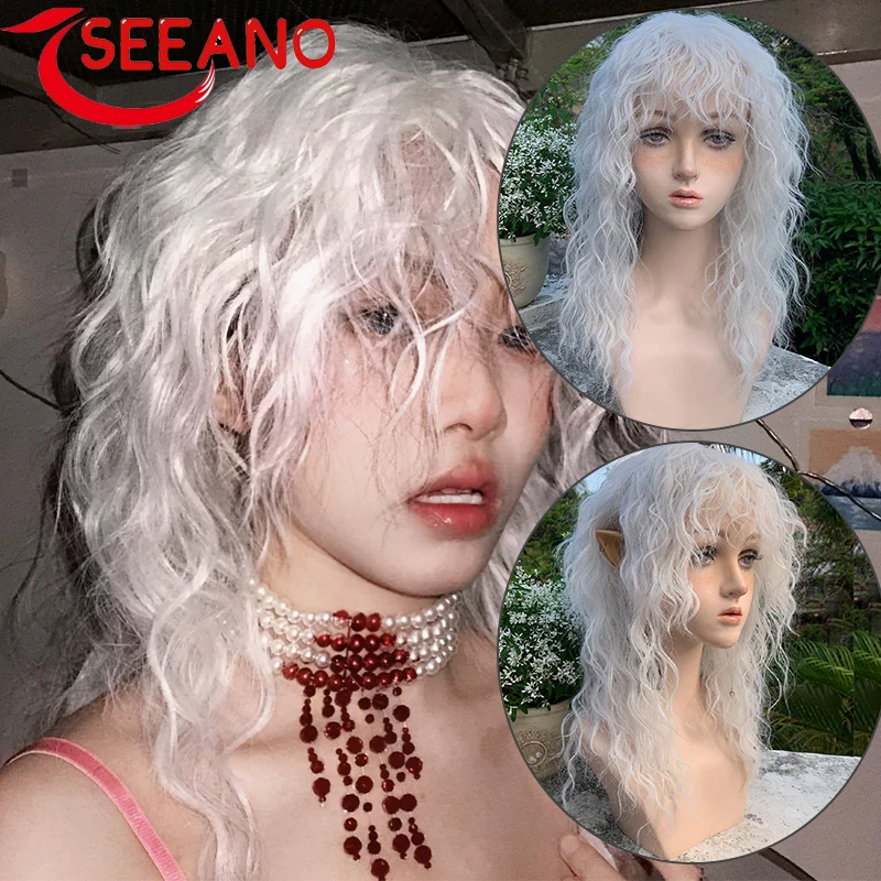 

Synthetic Cosplay Wig Long Curly With Bangs White Wig Pure White Wool Roll Lolita Women Halloween Cosplay Wig Female