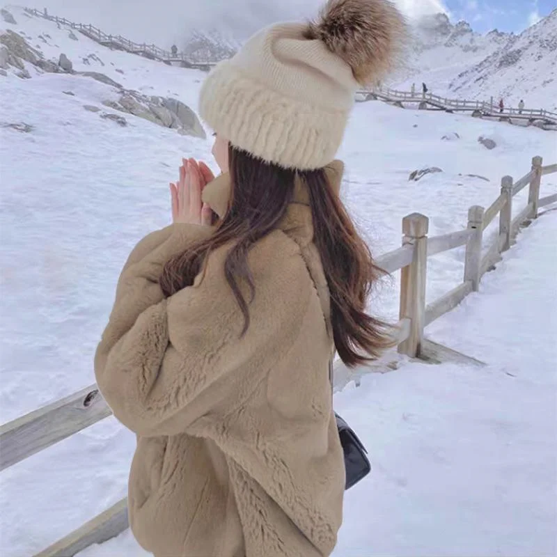 Faux Fur Coat Women's 2022 Autumn and Winter Loose Imitation Rex Rabbit Fur Plus Velvet Thick Stand Collar Zipper Sweater Plush