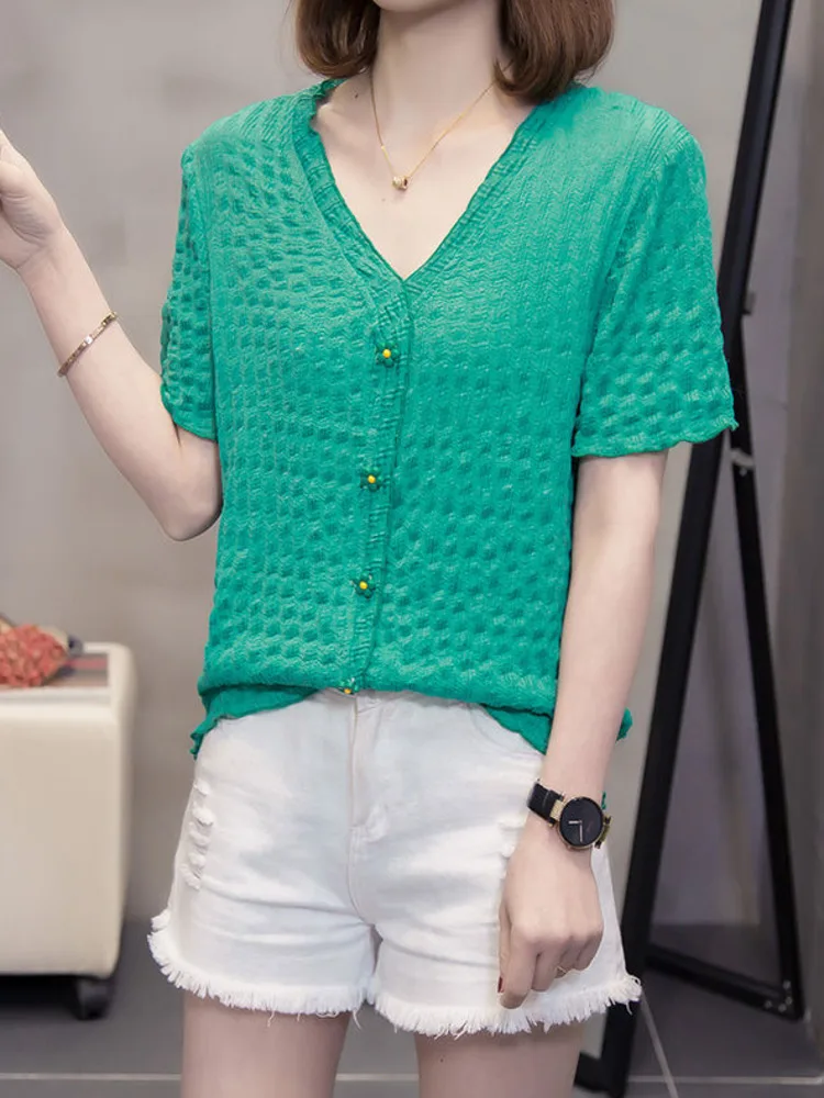 

Oversize V-neck Soft T-shirts Female 2022 Summer Button Sweet Short Sleeve Tshirt Green Fashion Korean Style Tops L-4XL Clothing