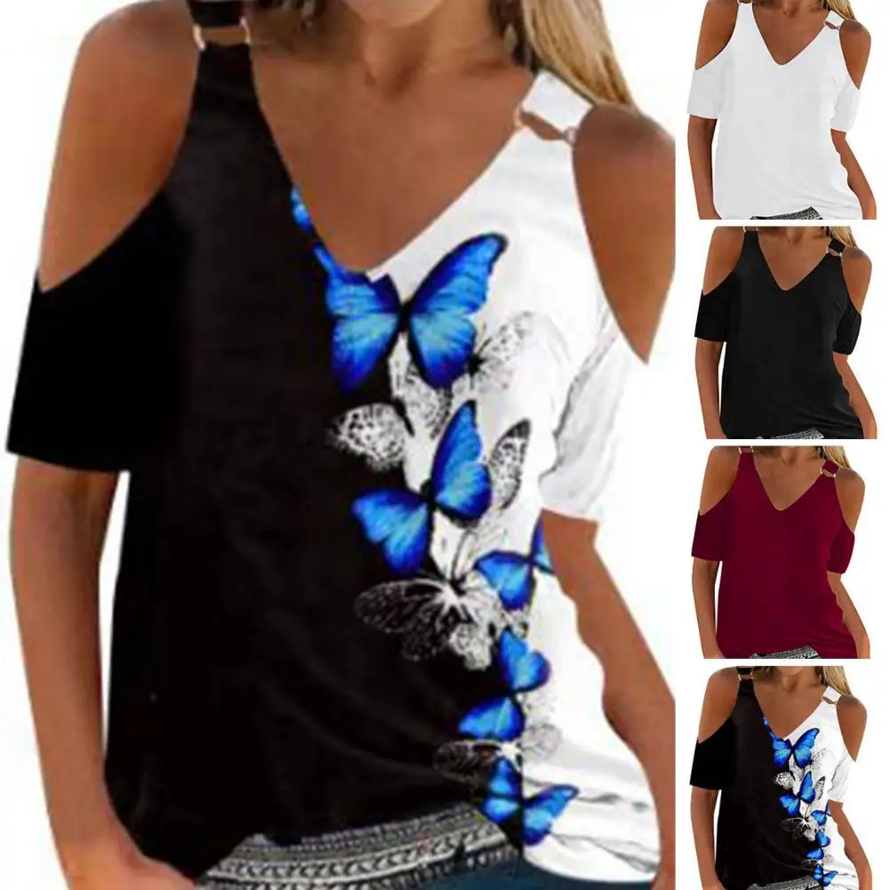

Buckle Embellished Women Top Floral Print V-neck T-shirts with Cold Shoulder Buckle Detail Chic Women's Summer Streetwear Tops