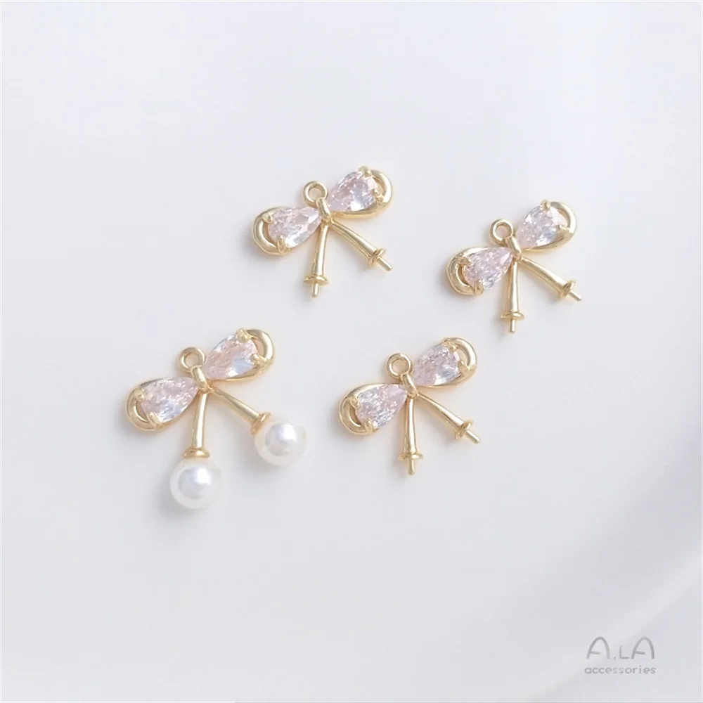 

14K gold with zirconia bow half hole bead pin pendant handmade diy sticky crystal pearl jewelry charm