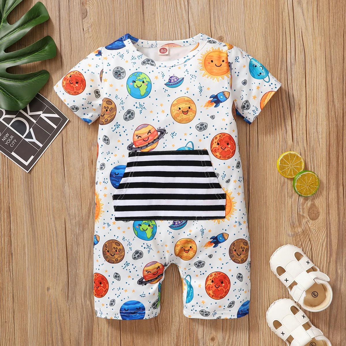 

Baby Boy Clothes For Newborns Infant Cute Planets Print Jumpsuit With Striped Pocket Toddler Casual Bodysuit Children Romper
