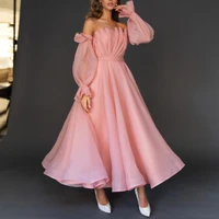 2021 new arrival pink tea length sexy off shoulder prom dresses long sleeved pleated strapless bridesmaid vestidos evening robe