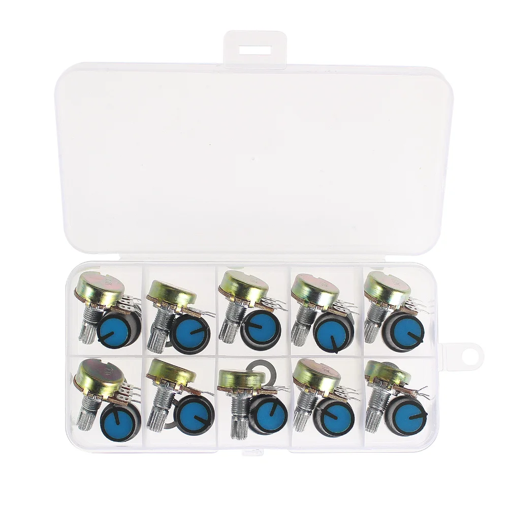 

10pcs/box WH148 Potentiometers Kit 1K 2K 5K 10K 20K 50K 100K 250K Linear Taper Rotary Potentiometer 15mm 3Pin with Blue AG3 Knob