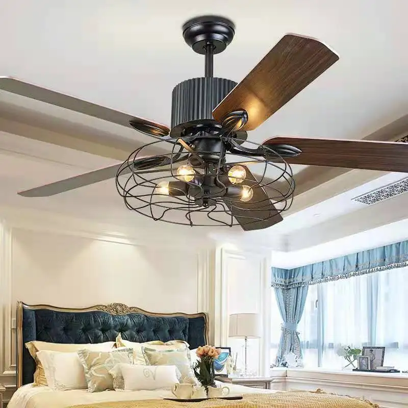 

Attic chandelier, retro dining room fan, living room led remote control leaf fan lamp, American living room wood leaf fan lamp