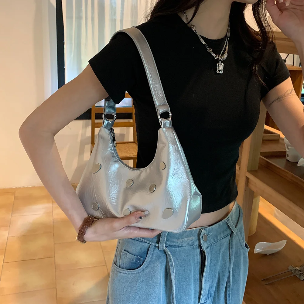 

PU Small Fold Leather Women Underarm Bag Heart Shaped Metal Decorative Crossbody Bags Chain Trendy Armpit Bag Ladies Handbag