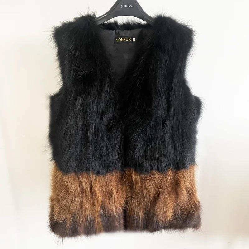 

2022 Women's Winter Warm 100% Real Pure Raccoon Fur Vest 2 Colors Mixed Fox Fur Coat Female Dropshipping Sleevess Jacket wsr976
