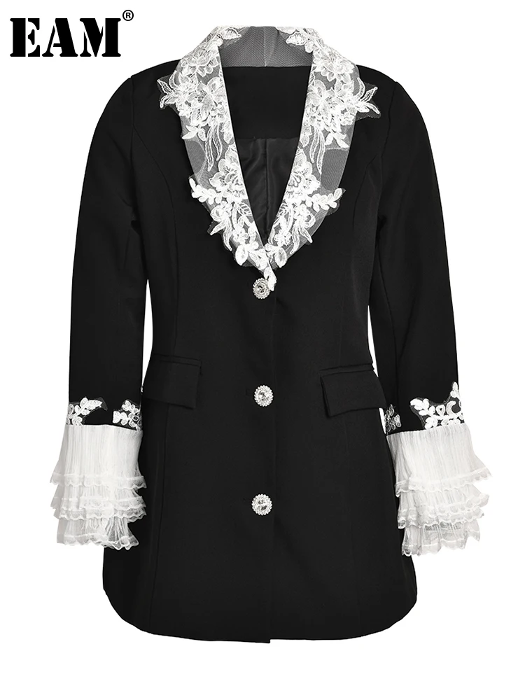 

[EAM] женское черное элегантное мини-платье-блейзер из органзы, новинка, с отворотом, с длинным рукавом, свободный крой, весна-осень 2023, CP1444
