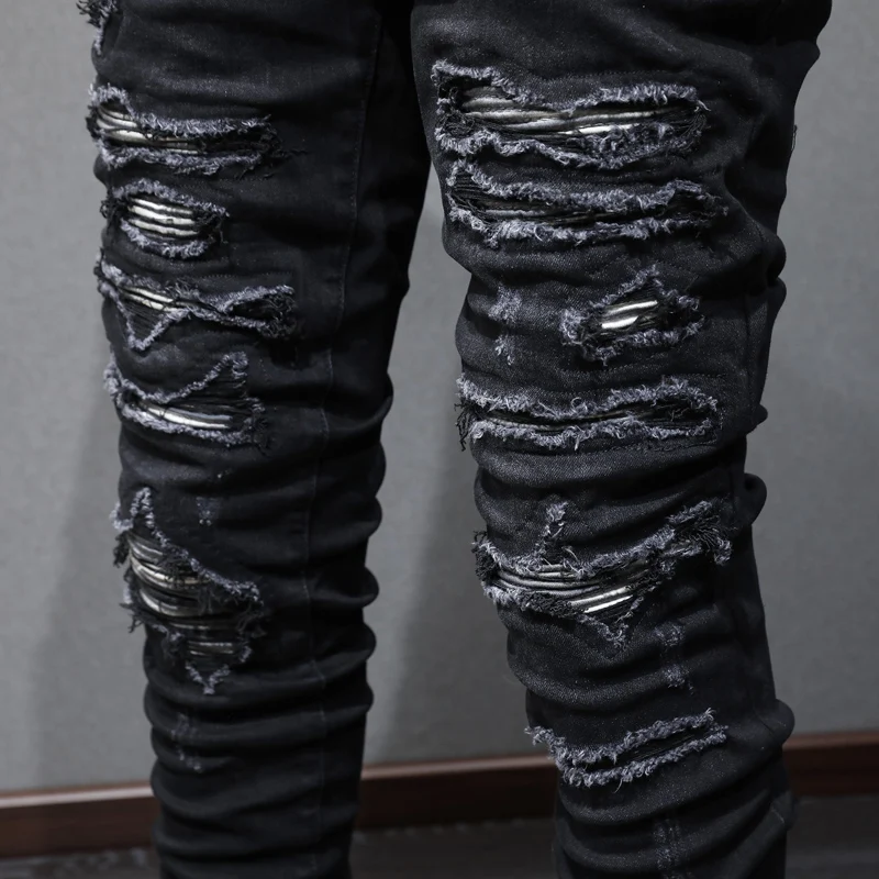 Street Fashion Men Jeans Retro Black Gray Elastic Stretch Skinny Broken Ripped Jeans Men Patched Designer Hip Hop Brand Pants