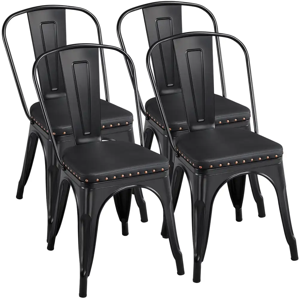 

SMILE MART Industrial Metal Studded Dining Chair with Cushion, Set of 4, Black