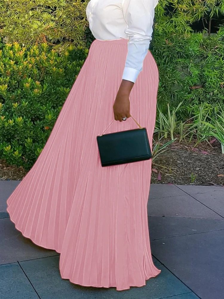 

Women Long Skirt Pleated Maxi High Waist Black Pink Elegant Party Celebrate Event Office Lady Classy Female Large Size Jupes New
