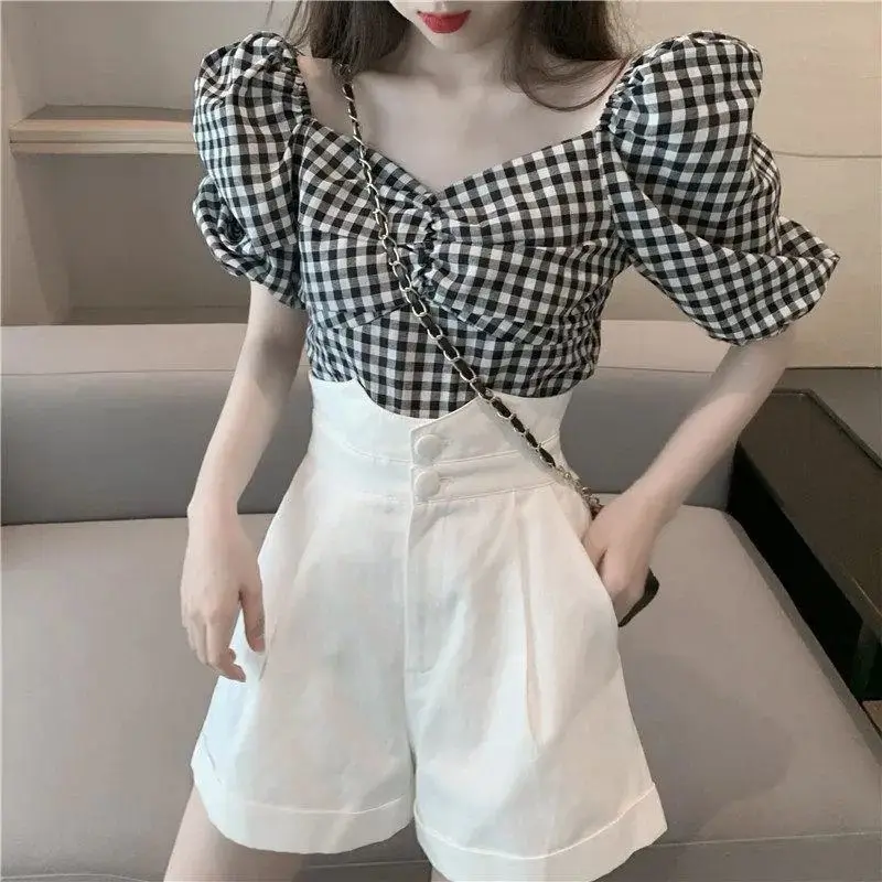 

Hikigawa Chic Fashion Short Sleeve Plaid Women Tops + Preppy Sweet Slim All Match Shorts Summer Elegant New 2 Sets Ropa Mujer