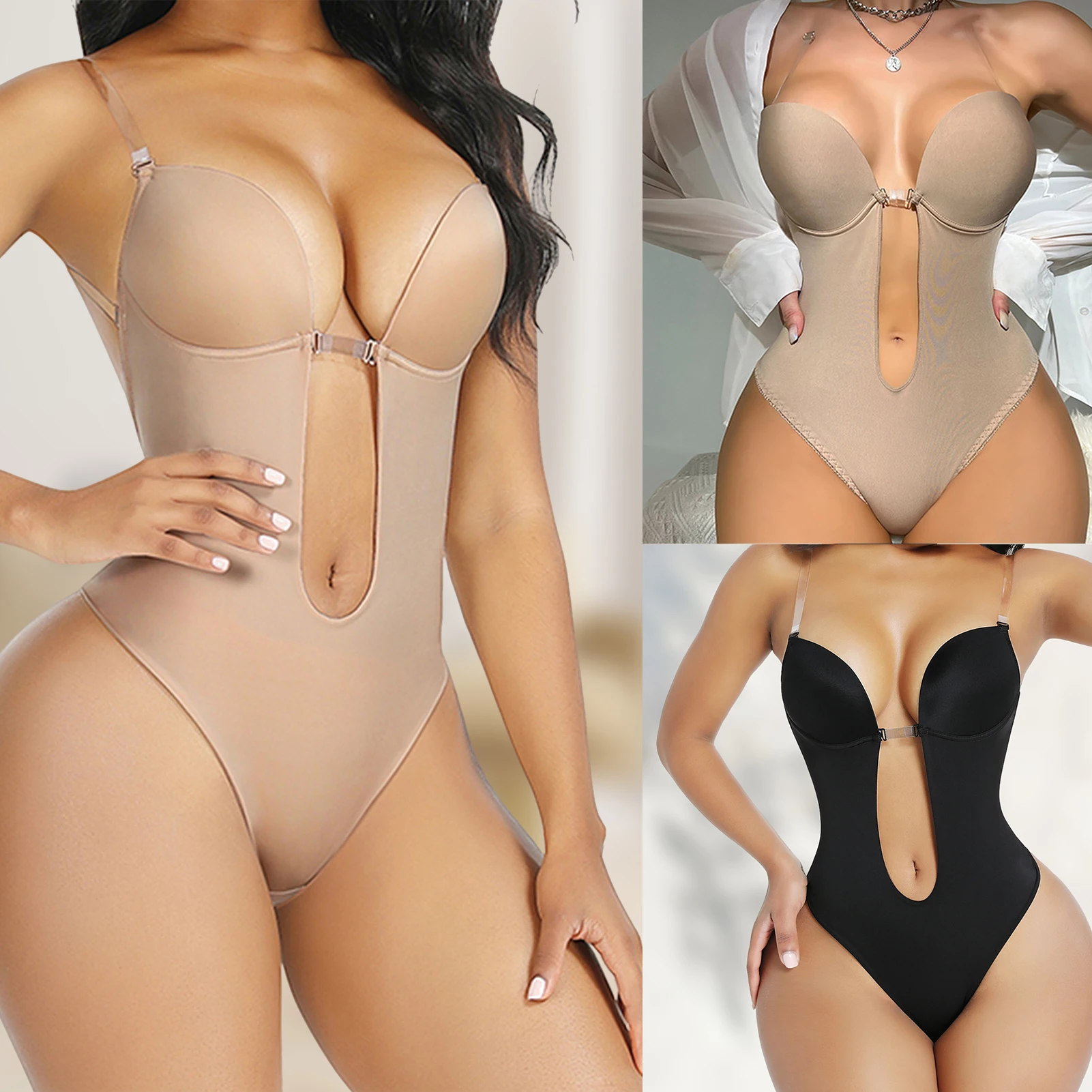 

Women Full Bodysuit Backless Sexy One Piece Slimming Bodysuit Plunging Seamless with Bra Nylon Tummy Control Shapewear