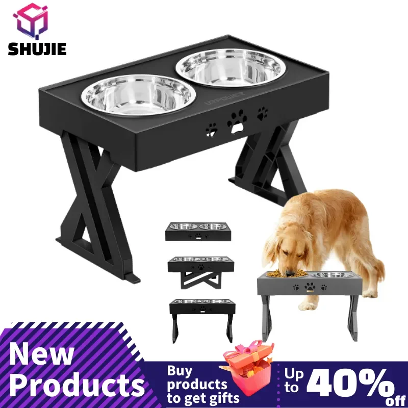 

Новая двойная миска для собак с подставкой, регулируемая высота, миска для кормления домашних животных, средний и большой подъемный стол для кормления собак и кошек