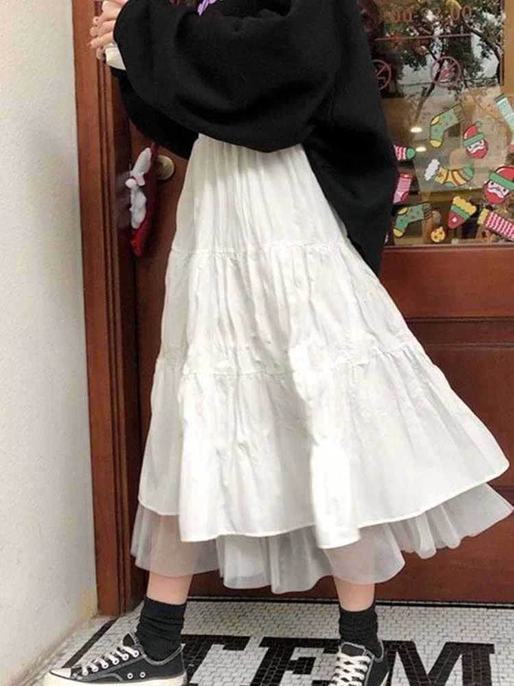 

2023 Long Tulle Midi Skirts Womens Autumn Elastic High Waist Mesh Tutu Pleated Skirts Female Black White Long Skirt Streetwear