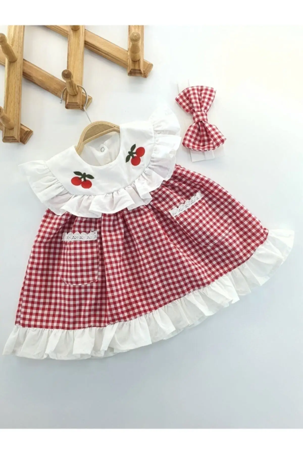 

Baby Girl Red Gingham Cherry Detailed Hairband Summer Dress Cotton Sleeveless Plaid/Checked Frill Couple