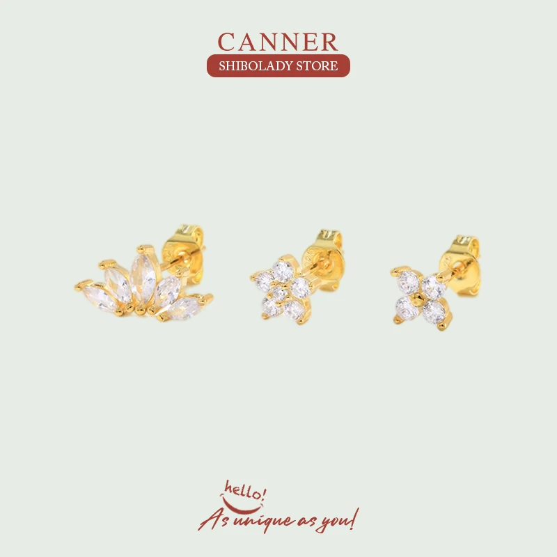 

CANNER 3Pcs Crown Flower Pendientes De Plata 925 Earring For Women Stud Earrings Unusual Piercing 2022 Trend Fine Jewelry