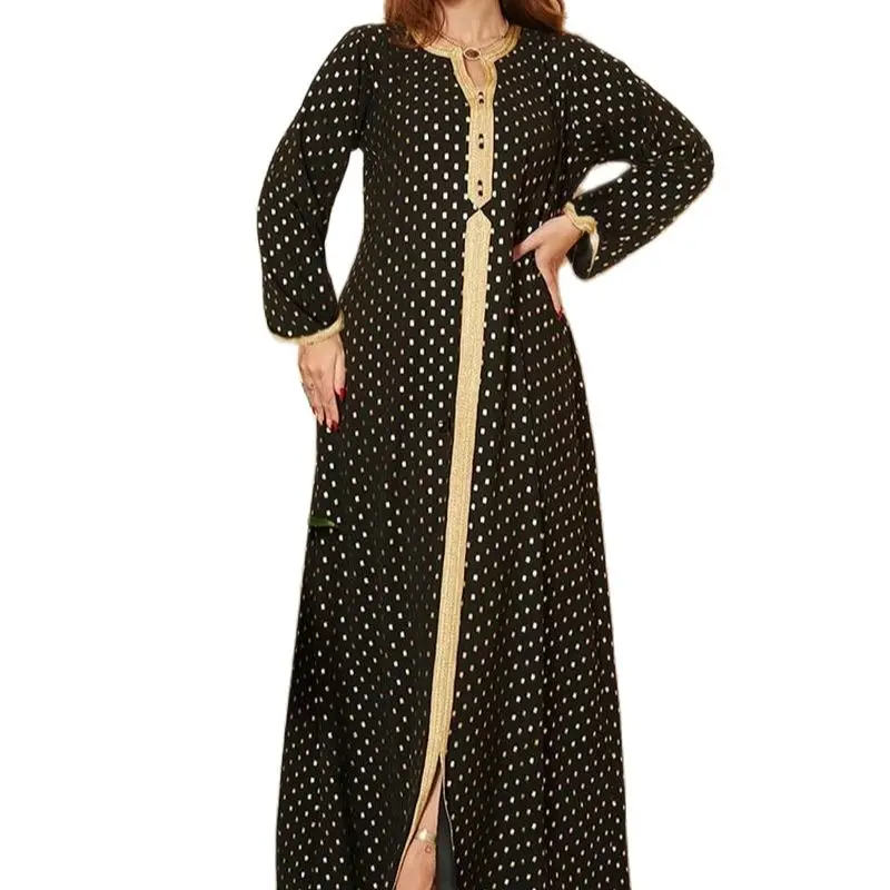 

Gold Printed Kaftan Arabic Long Dress Elegant Moroccan Muslim Modest Caftan Women Islam Saudi Gulf Black Jalabiya Ramadan Abaya