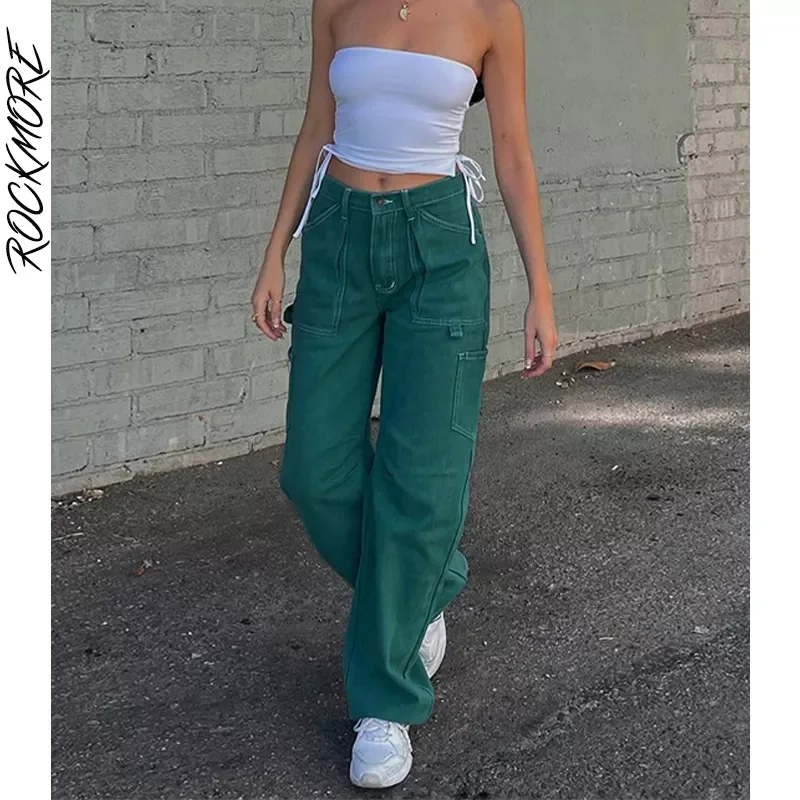

Rockmore Green Vintage Cargo Jeans Women Cotton Baggy Straight Pants Streetwear Pockets High Waist Wide Leg Denim Trousers 2021