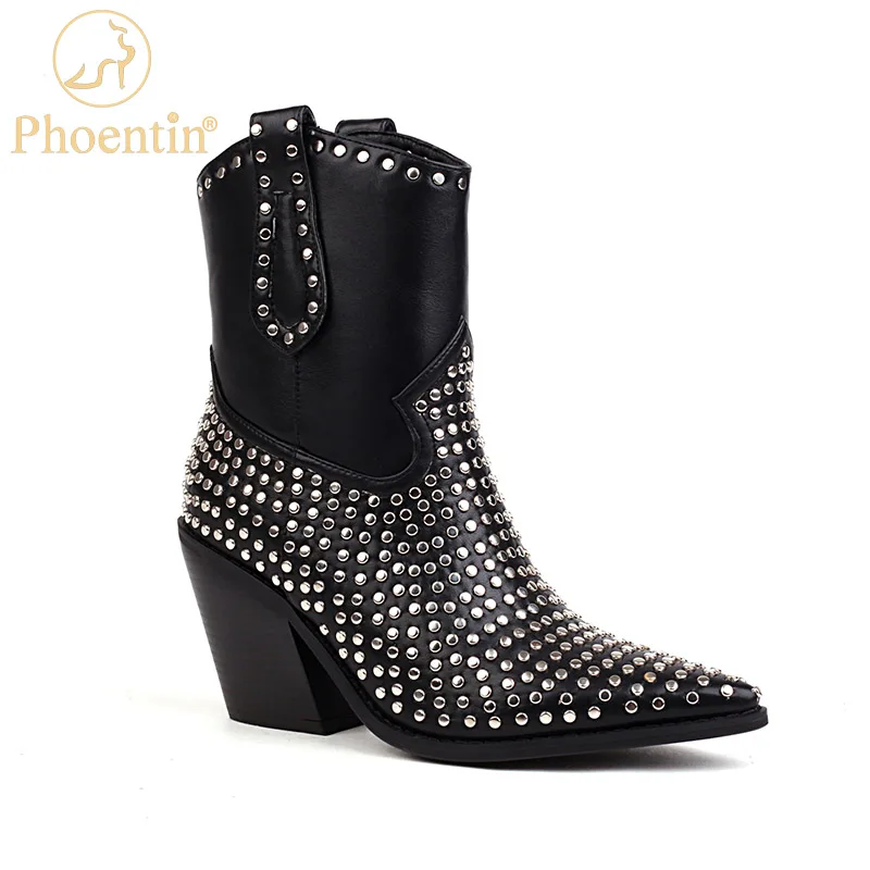 

Женские ковбойские ботинки Pheontin, модная обувь на массивном каблуке, зима 2022, новые черные уличные ботильоны в стиле панк с заклепками FT2100
