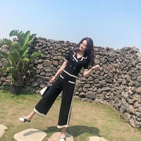 2022 new korean style suit womens summer fashion temperament knitted short sleeved wide leg pants two piece set