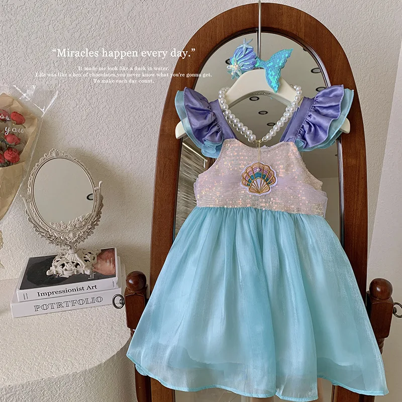 Летнее Платье Принцессы Ариэль Для Девочек В Корейском Стиле С Летящими Рукавами