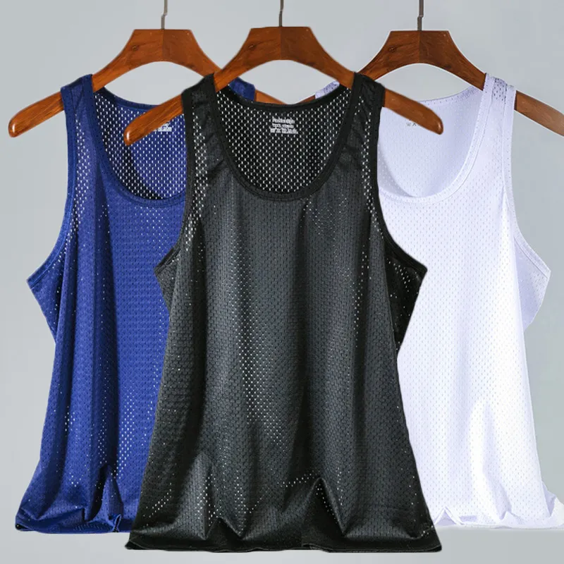 Men's Casual Tank Summer Bodybuilding Fitness Muscle Singlet Man's Clothes Sleeveless Slim Fit Vest Mesh Quick-Drying Vest Hot