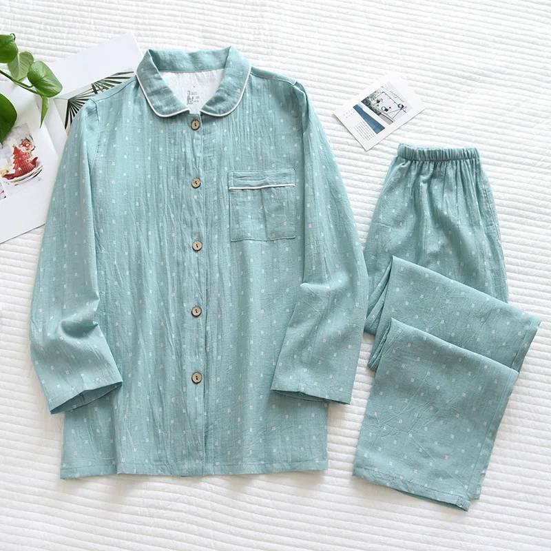 

Pajamas Women's 100% Cotton Double-Layer Gauze Tops Mujer Men Thin Long Sleeve Trousers Turn-down Collar 2 Piece Home Clothes