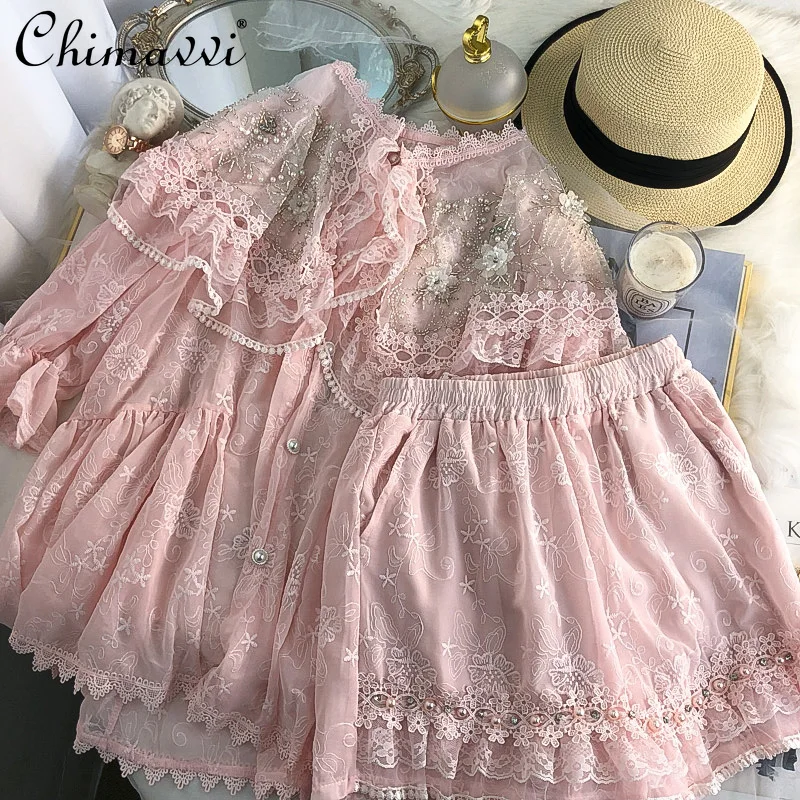 

French Sweet Beaded Doll Collar Bell Sleeve Lace Shirts Wide Leg Shorts 2022 Summer Wear New Fashion Elegant Two-Piece Set