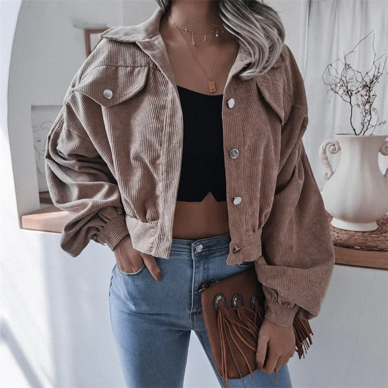 

Lantern Sleeve Cropped Jackets Overcoat Single Breasted Outwear Fashion Vintage Corduroy Autumn Winter Coat Women Jacket New