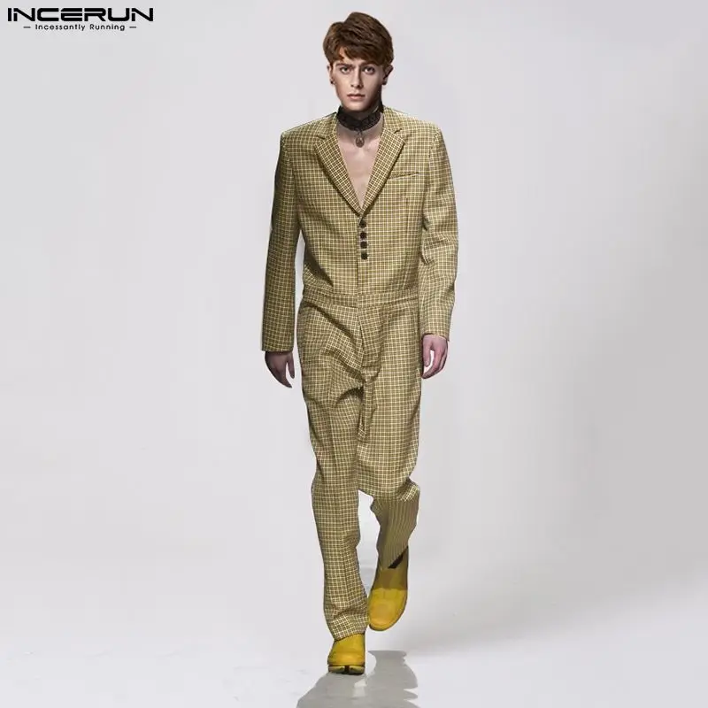 

Casual Streetwear Rompers INCERUN Handsome Men's Plaid Suit Collar Rompers Stylish Loose Comfortable Long Sleeve Jumpsuits S-5XL